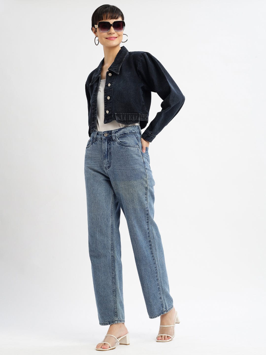 Women's Navy Blue Washed Windcheater Crop Denim Jacket