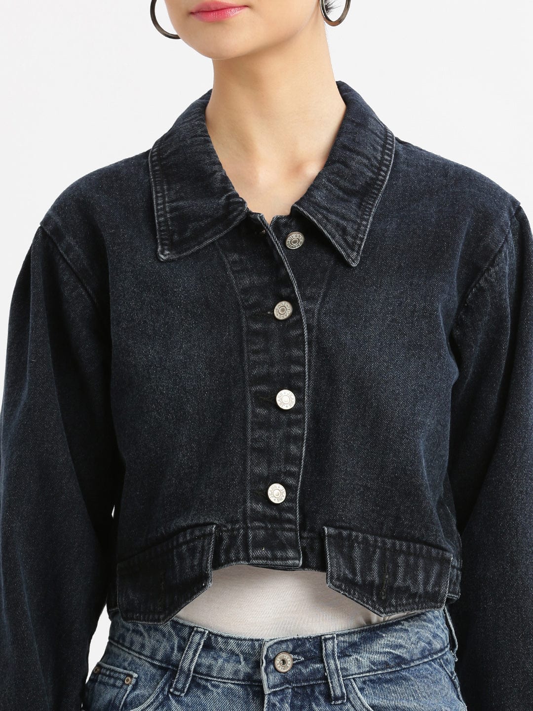 Women's Navy Blue Washed Windcheater Crop Denim Jacket