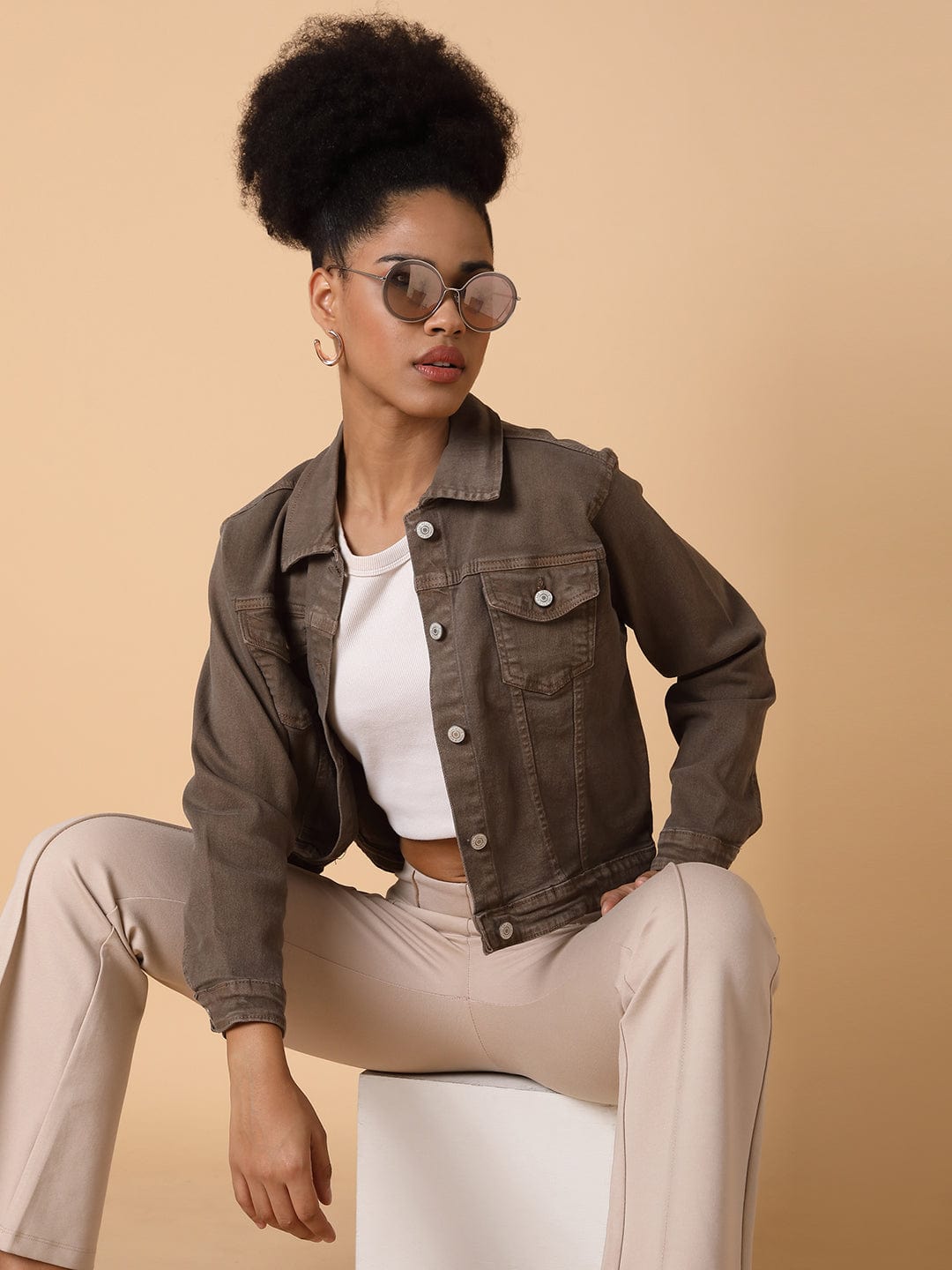 Women's Brown Washed Windcheater Crop Denim Jacket