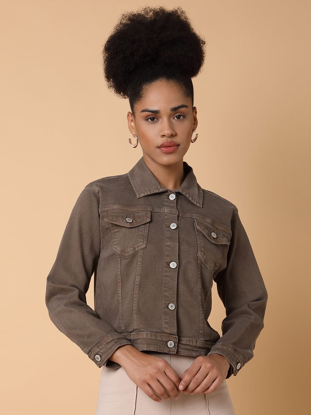 Women's Brown Washed Windcheater Crop Denim Jacket