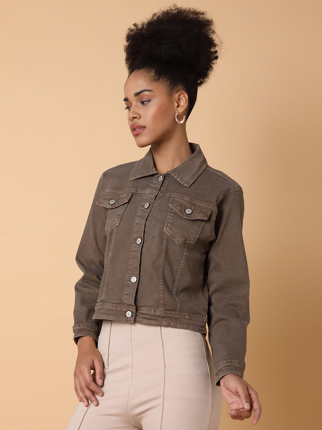 Women's Brown Washed Windcheater Crop Denim Jacket