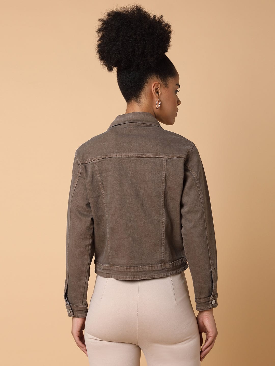 Women's Brown Washed Windcheater Crop Denim Jacket