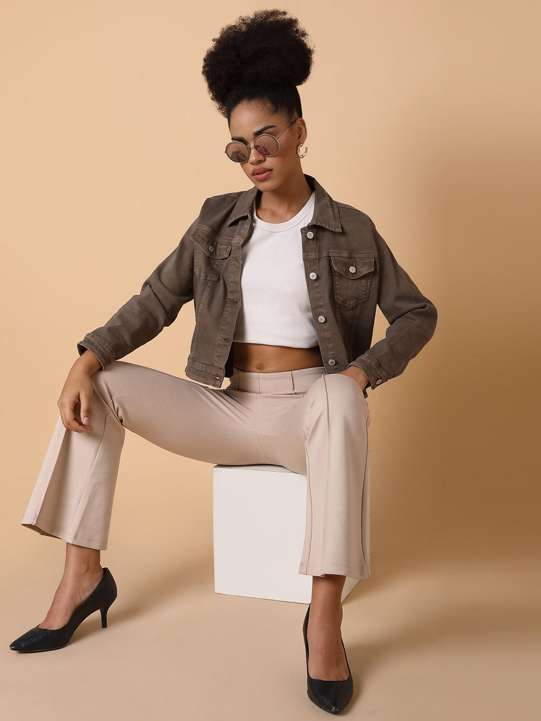 Women's Brown Washed Windcheater Crop Denim Jacket
