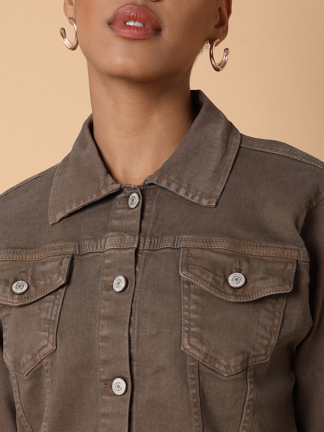 Women's Brown Washed Windcheater Crop Denim Jacket