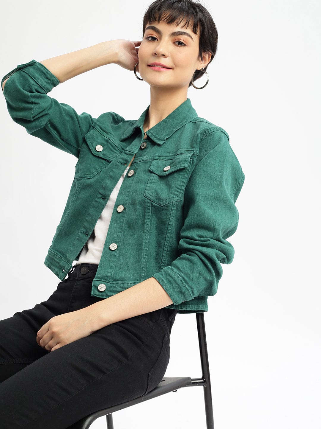 Women's Green Washed Windcheater Crop Denim Jacket