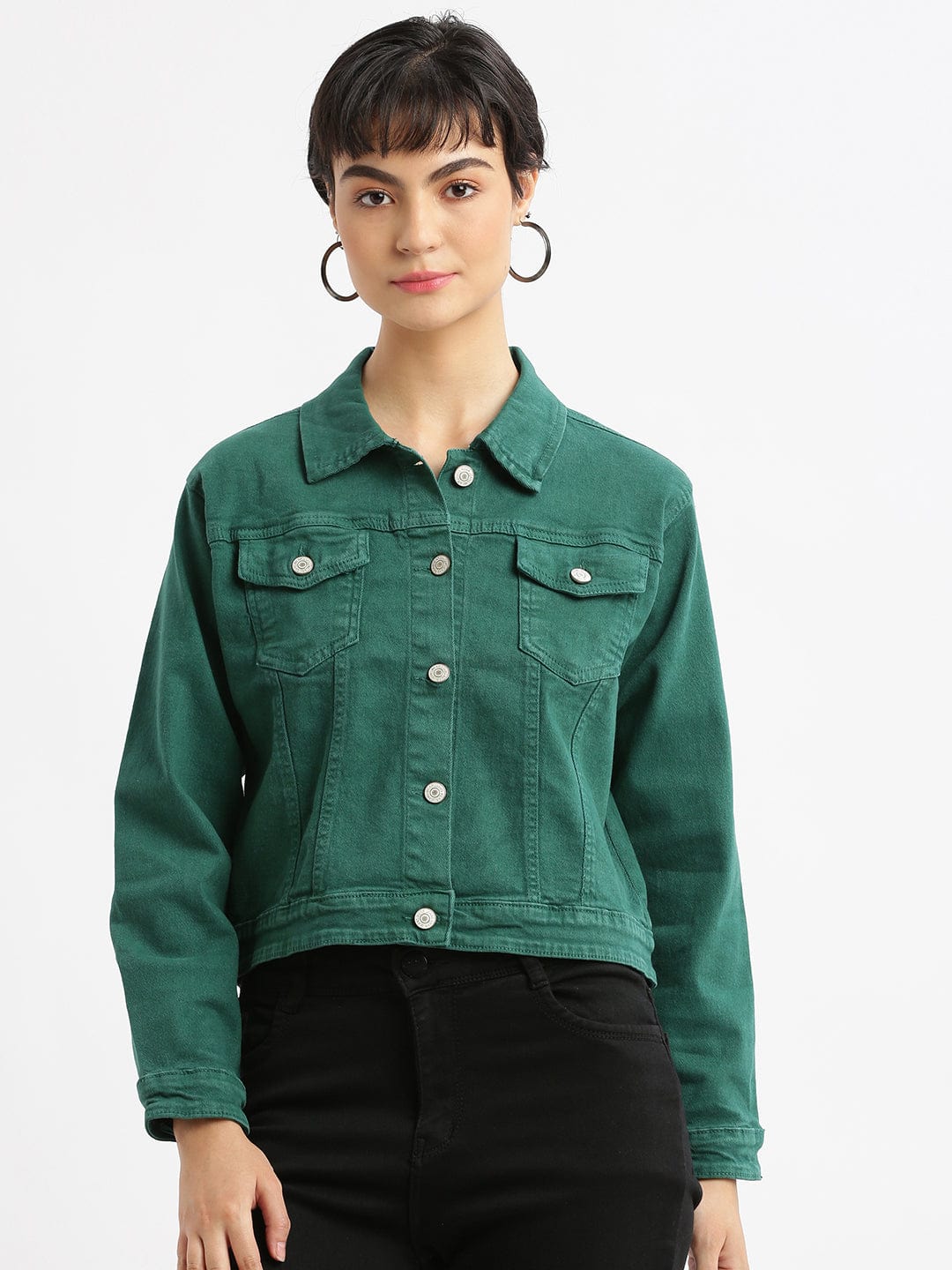 Women's Green Washed Windcheater Crop Denim Jacket
