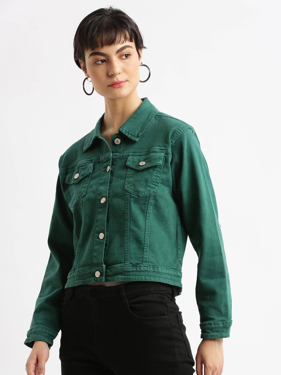 Women's Green Washed Windcheater Crop Denim Jacket