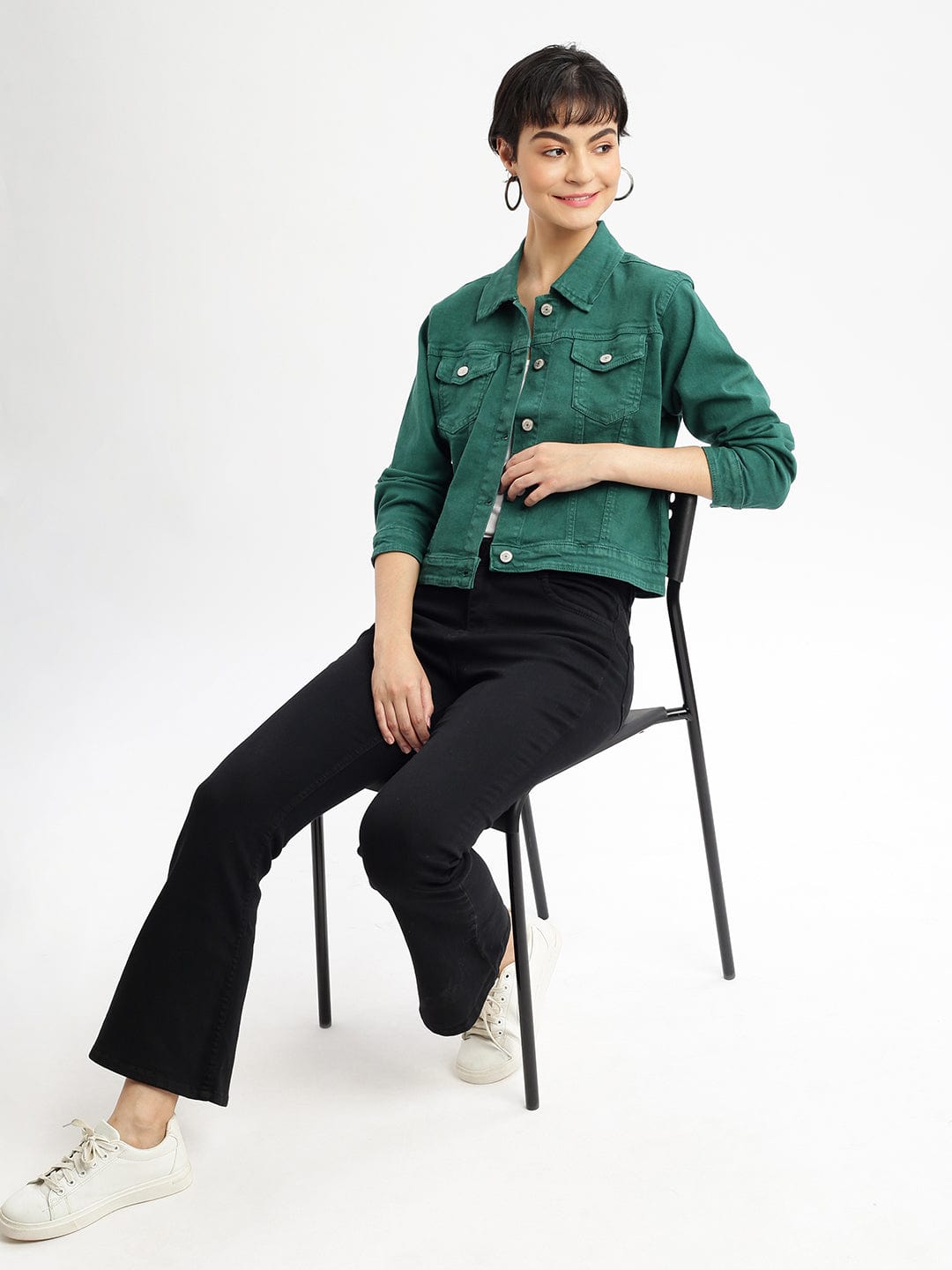 Women's Green Washed Windcheater Crop Denim Jacket