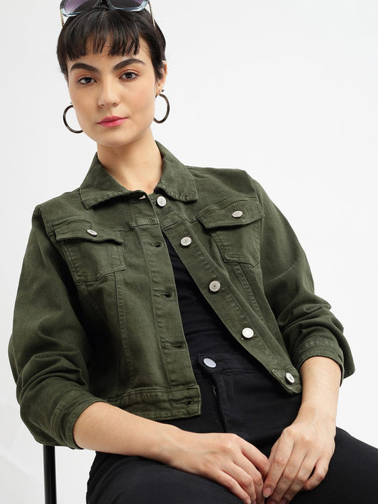 Women's Olive Washed Windcheater Crop Denim Jacket with Patchwork