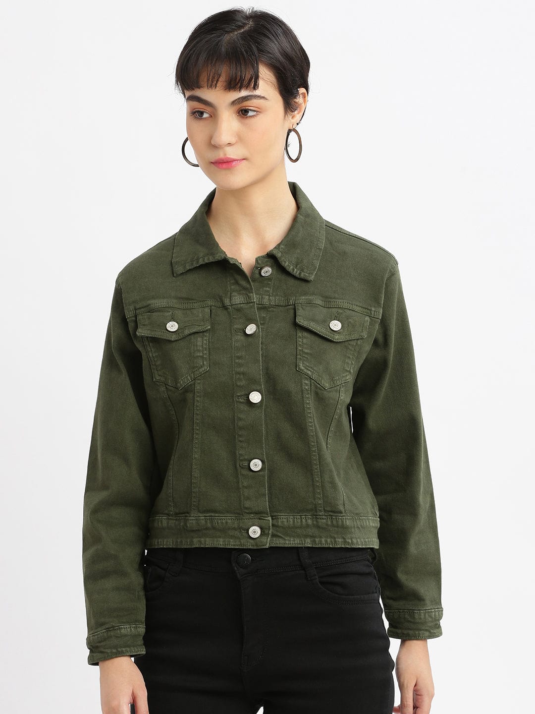 Women's Olive Washed Windcheater Crop Denim Jacket with Patchwork