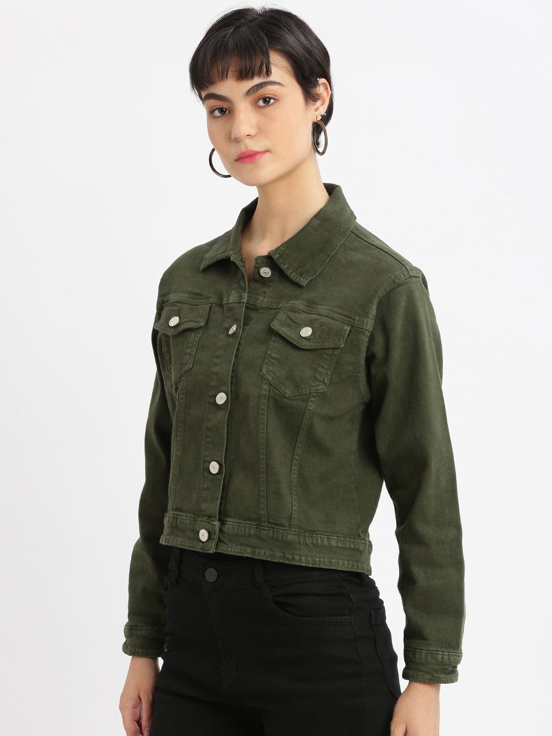 Women's Olive Washed Windcheater Crop Denim Jacket with Patchwork
