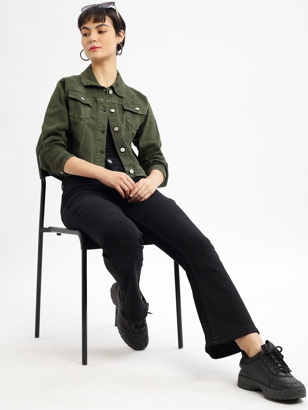 Women's Olive Washed Windcheater Crop Denim Jacket with Patchwork