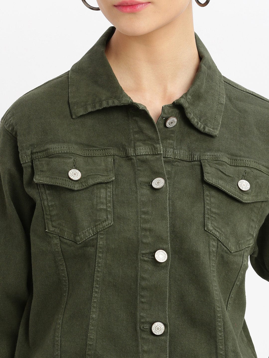 Women's Olive Washed Windcheater Crop Denim Jacket with Patchwork