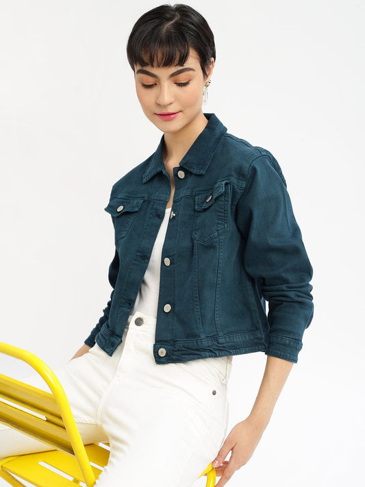 Women's Teal Washed Windcheater Crop Denim Jacket