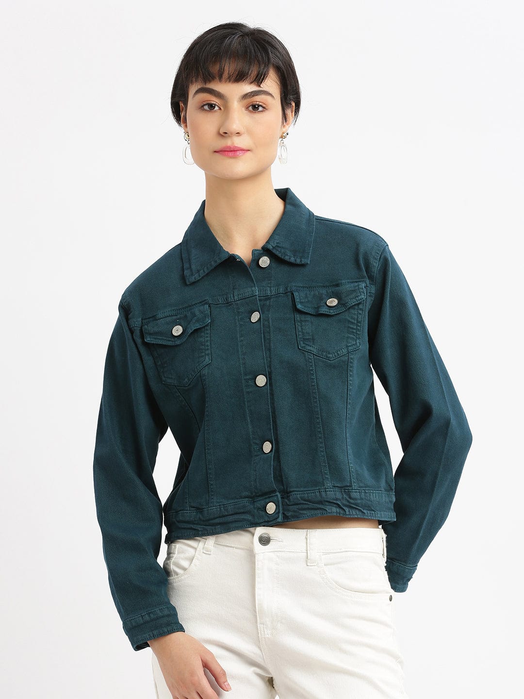 Women's Teal Washed Windcheater Crop Denim Jacket