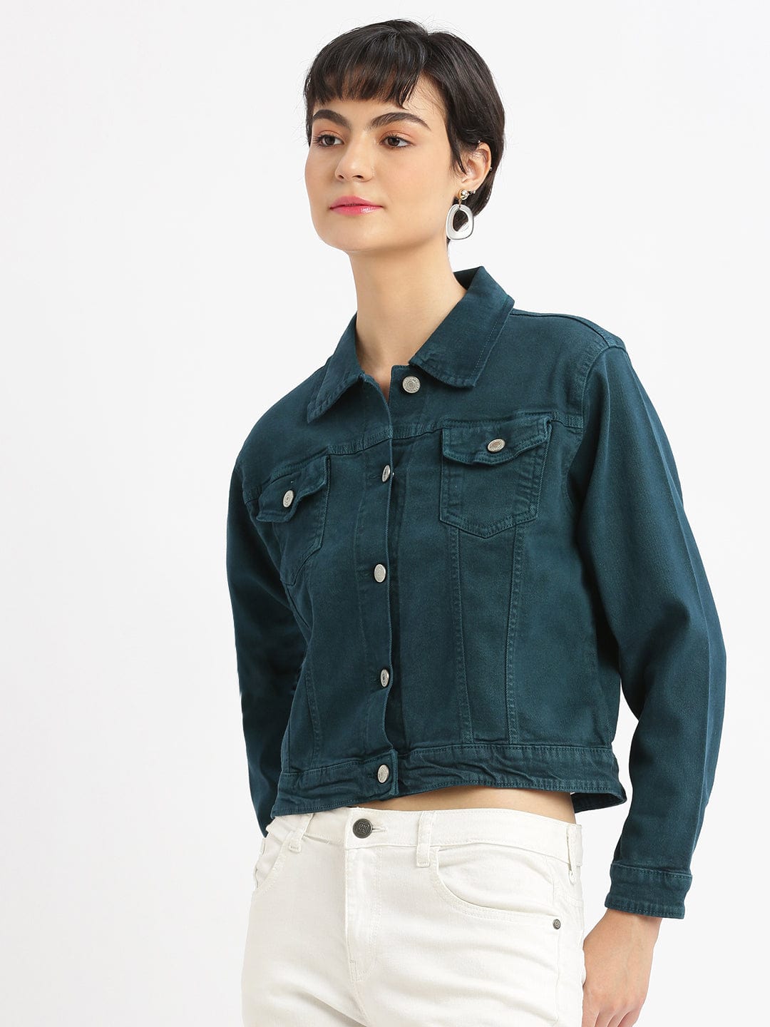Women's Teal Washed Windcheater Crop Denim Jacket