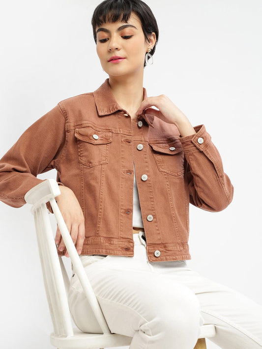 Women's Brown Windcheater Crop Denim Jacket with Embroidered