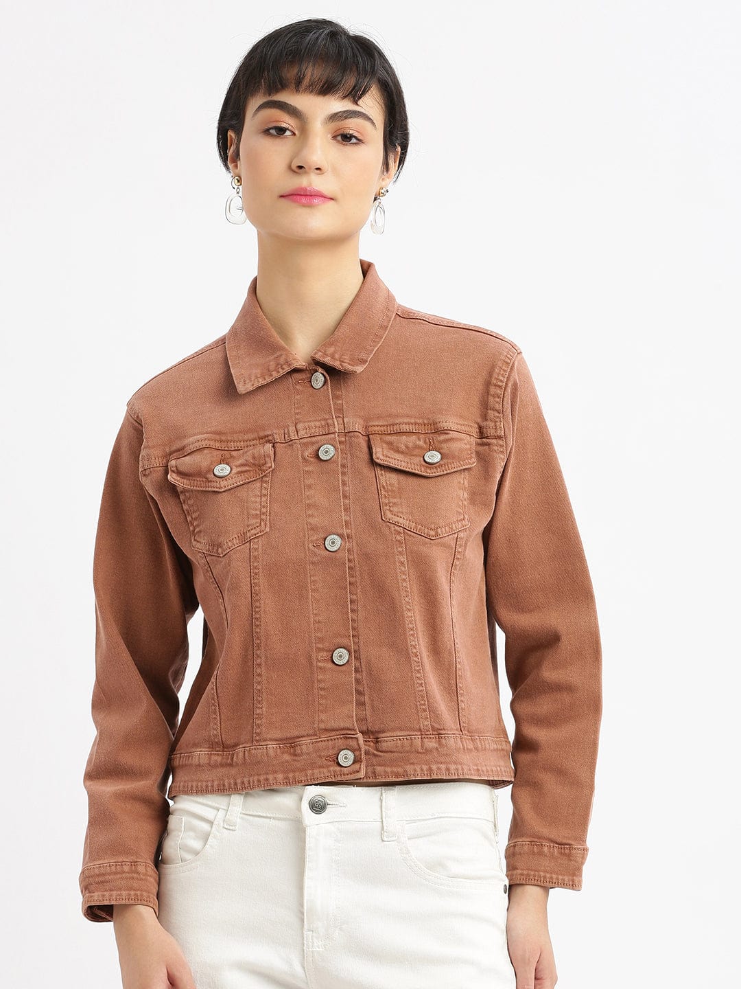 Women's Brown Windcheater Crop Denim Jacket with Embroidered