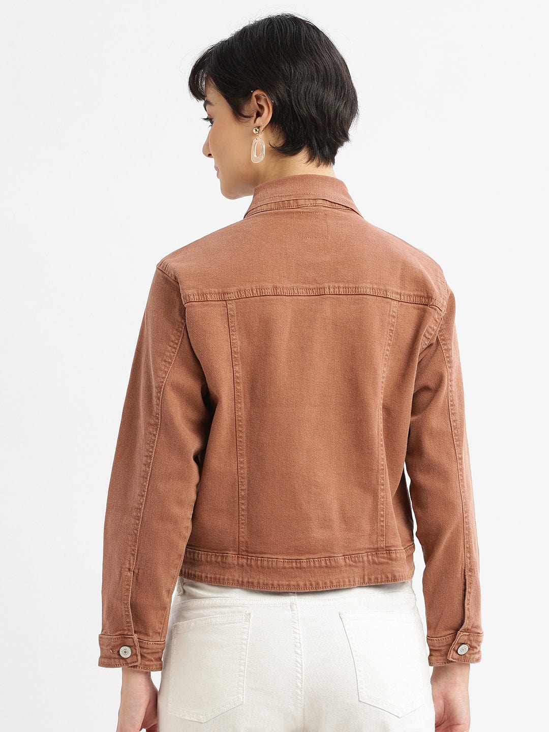Women's Brown Windcheater Crop Denim Jacket with Embroidered