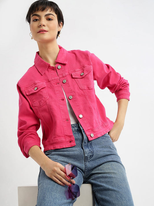 Women's Pink Washed Windcheater Crop Denim Jacket