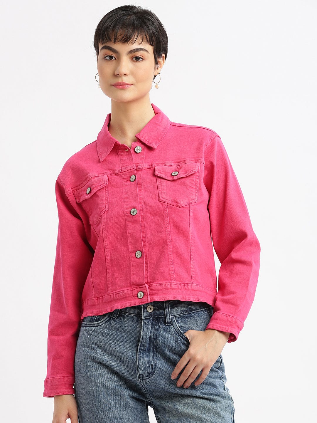 Women's Pink Washed Windcheater Crop Denim Jacket