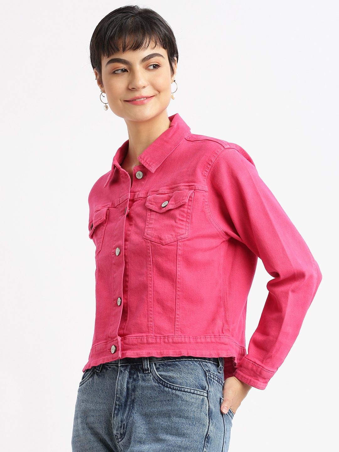 Women's Pink Washed Windcheater Crop Denim Jacket