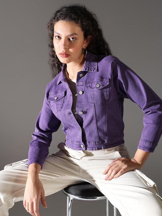 Women's Purple Spread Collar Solid Casual Denim Windcheater Jacket