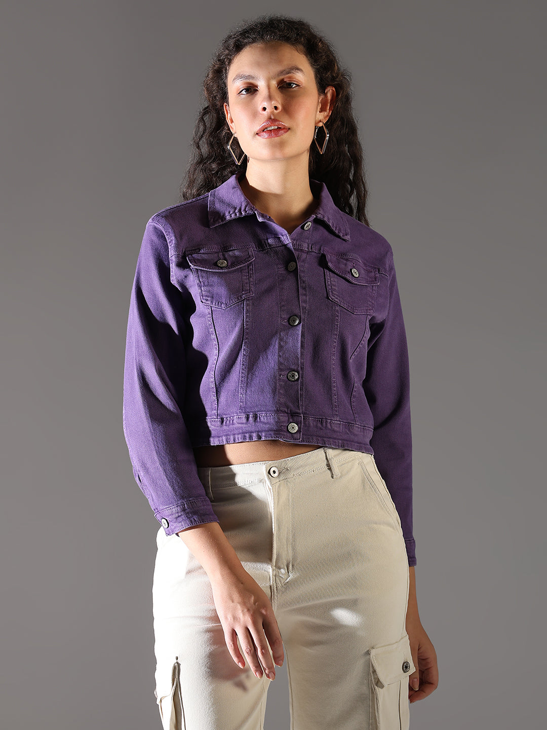Women's Purple Spread Collar Solid Casual Denim Windcheater Jacket