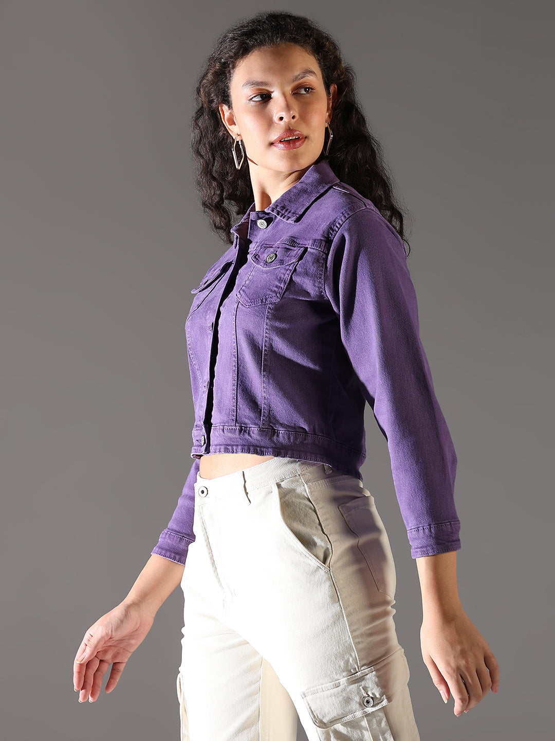 Women's Purple Spread Collar Solid Casual Denim Windcheater Jacket