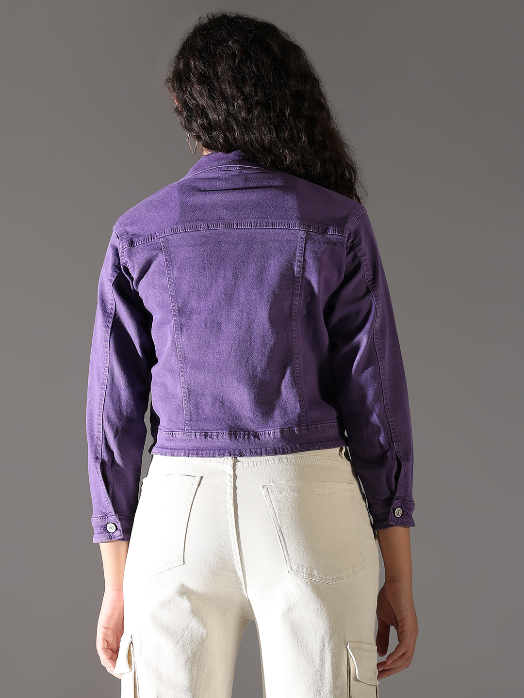 Women's Purple Spread Collar Solid Casual Denim Windcheater Jacket