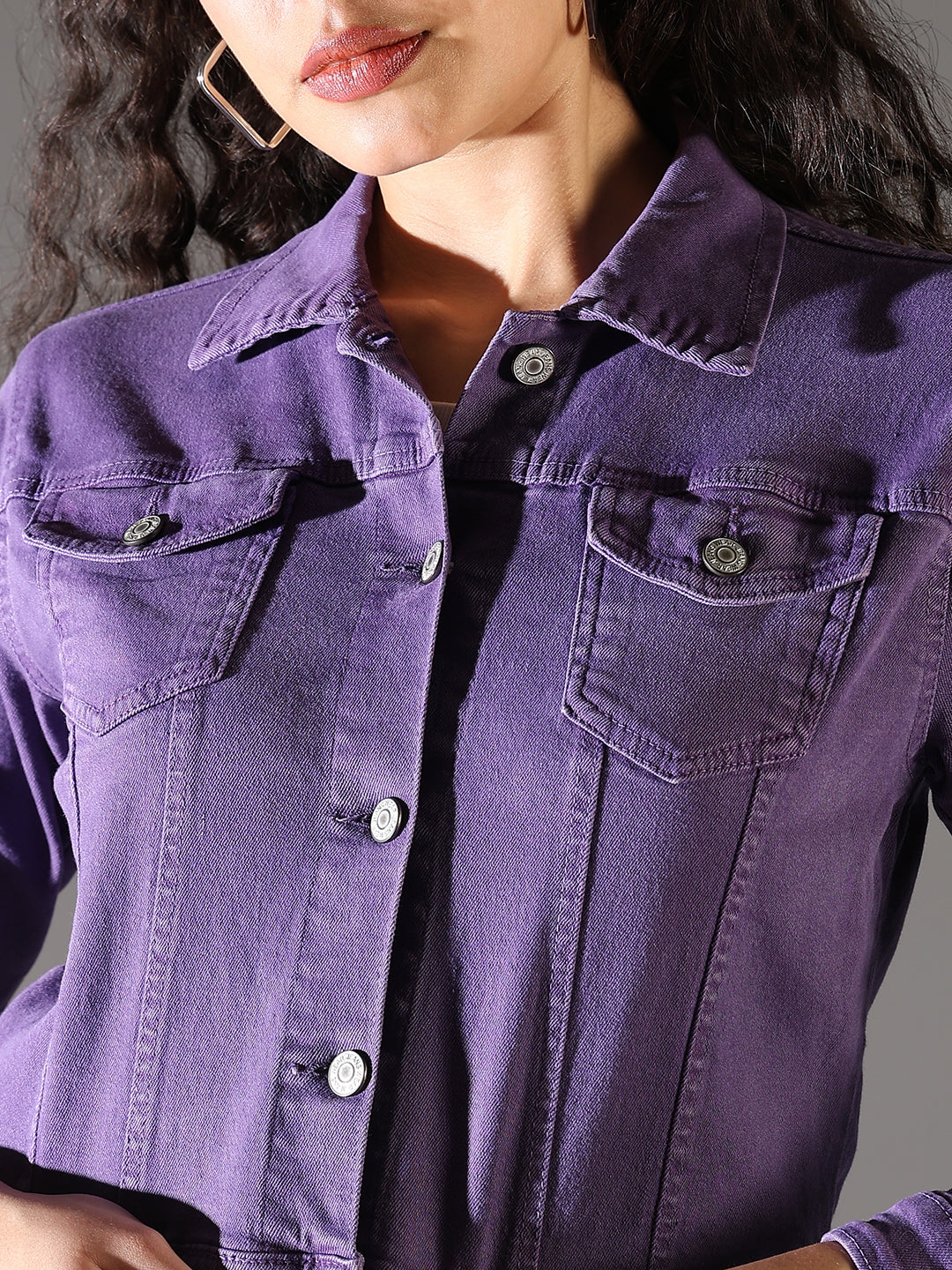 Women's Purple Spread Collar Solid Casual Denim Windcheater Jacket