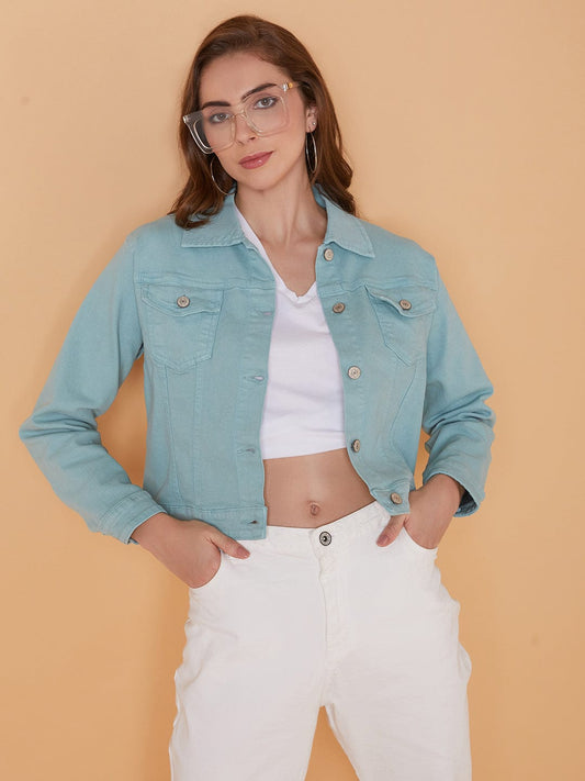Women's Sea Green Washed Windcheater Crop Denim Jacket with Patchwork