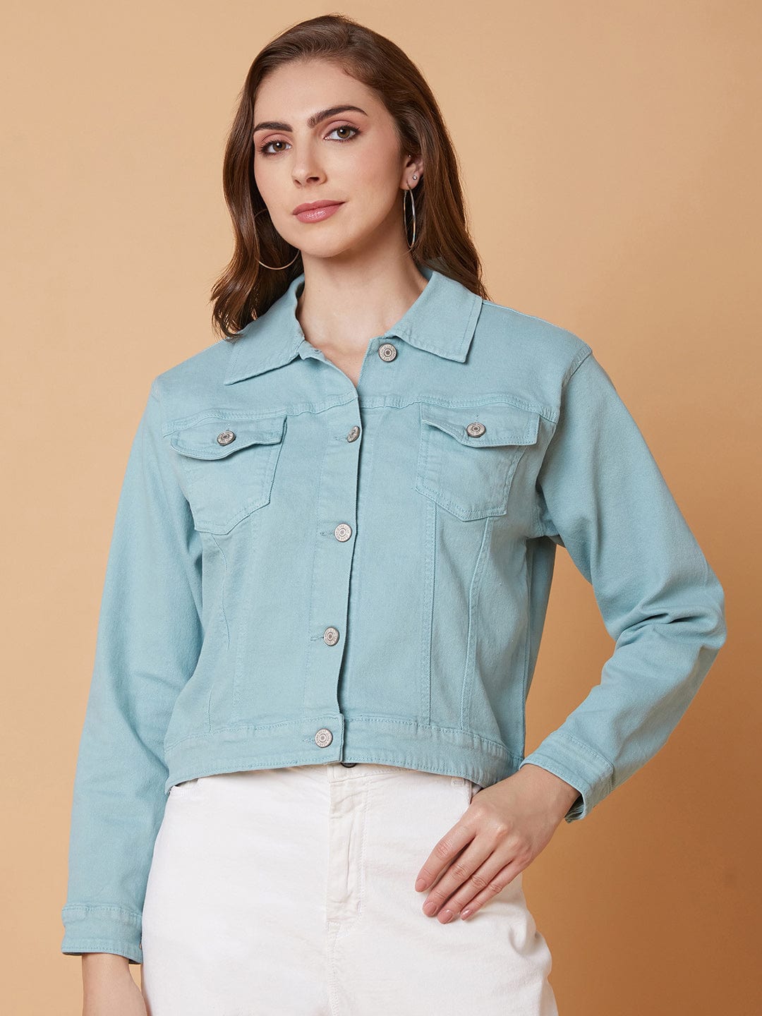 Women's Sea Green Washed Windcheater Crop Denim Jacket with Patchwork