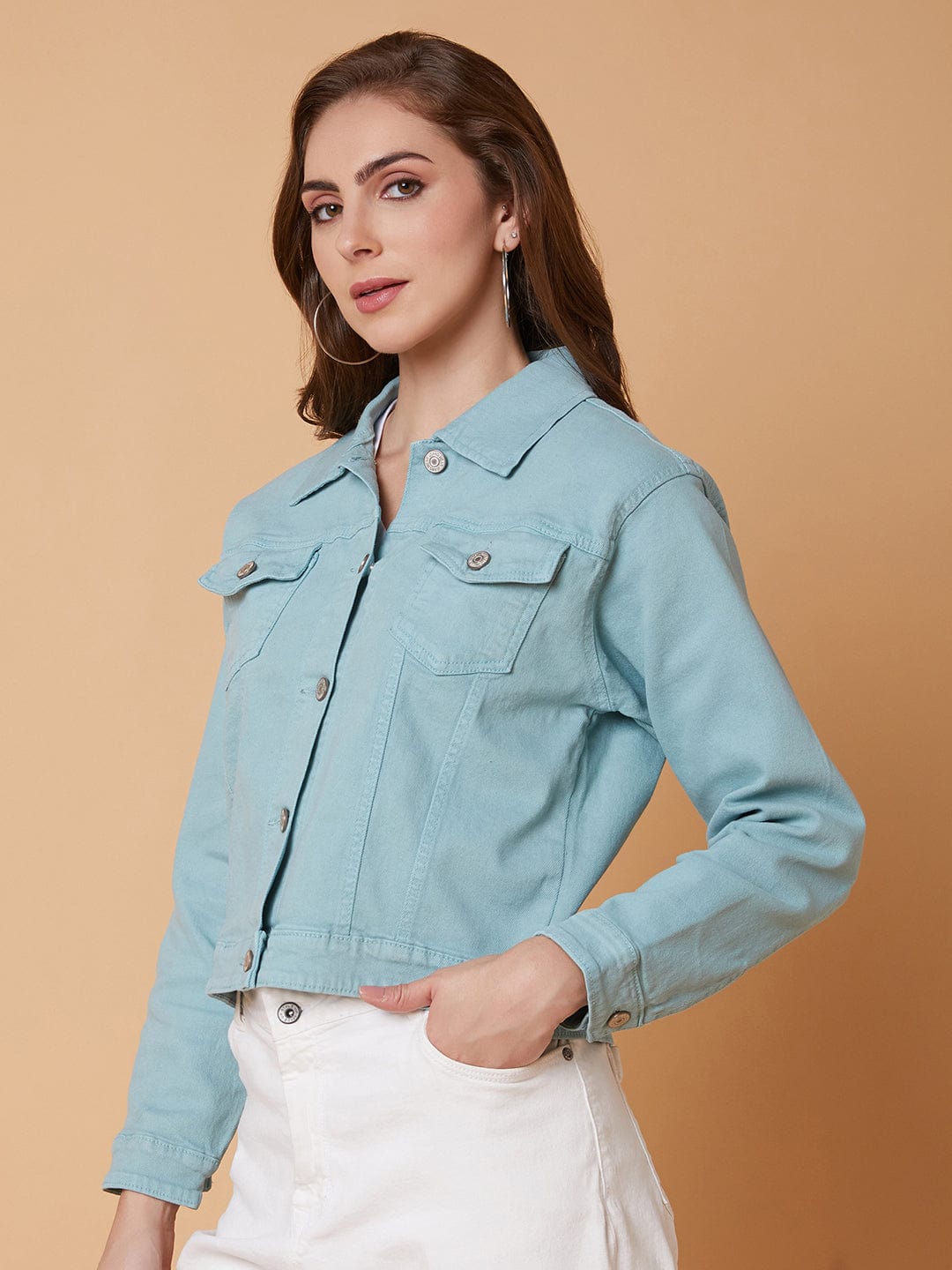 Women's Sea Green Washed Windcheater Crop Denim Jacket with Patchwork