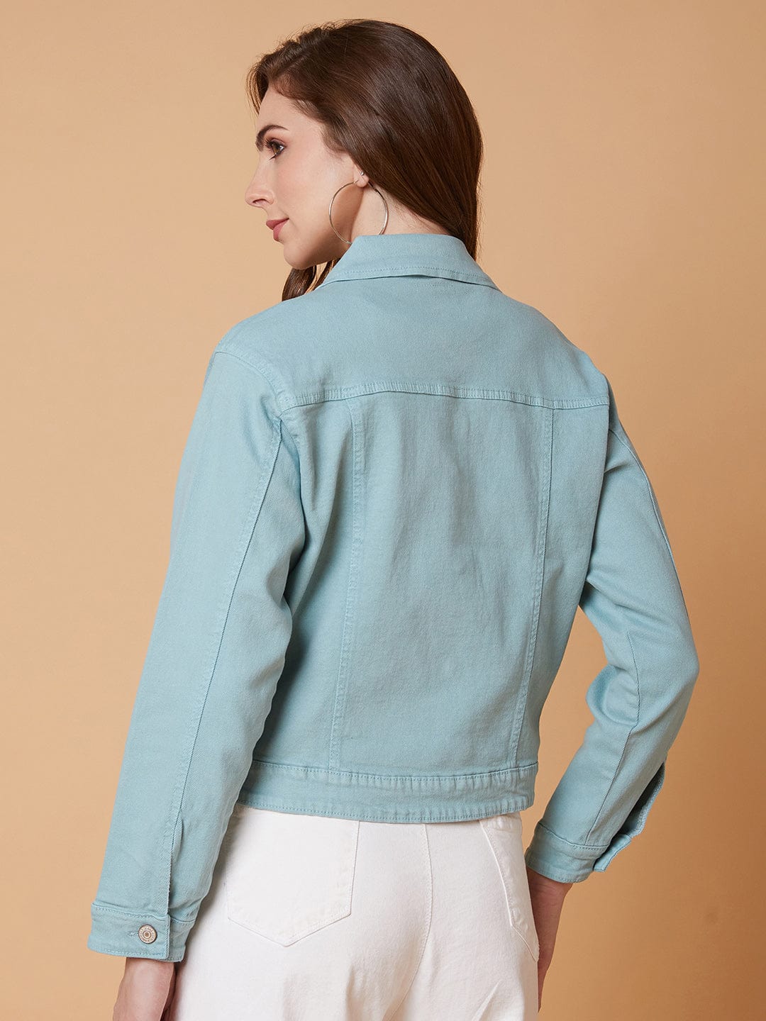 Women's Sea Green Washed Windcheater Crop Denim Jacket with Patchwork
