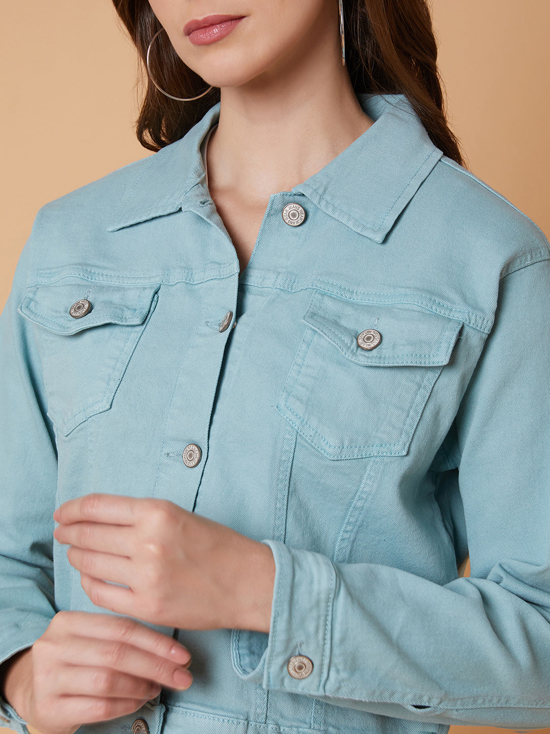 Women's Sea Green Washed Windcheater Crop Denim Jacket with Patchwork