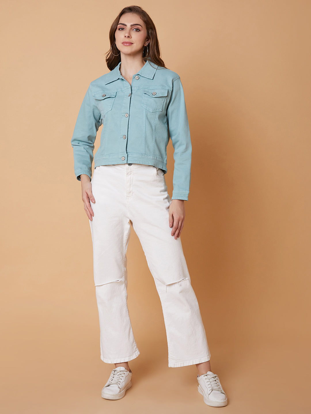 Women's Sea Green Washed Windcheater Crop Denim Jacket with Patchwork