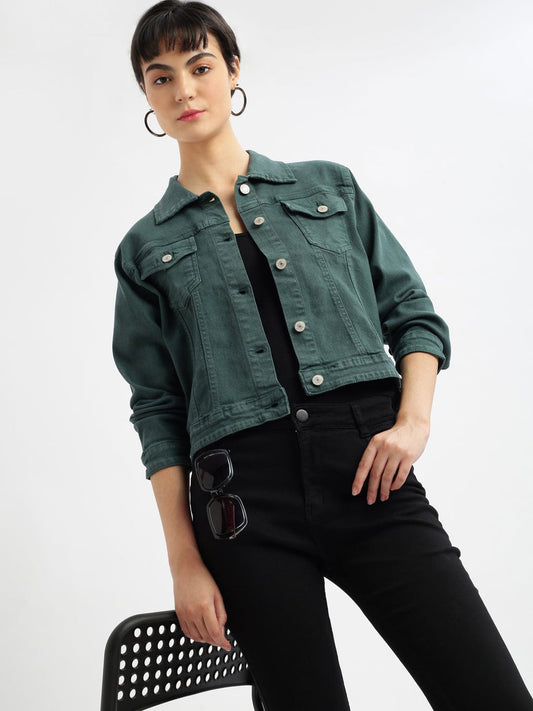Women's Teal Washed Windcheater Crop Denim Jacket