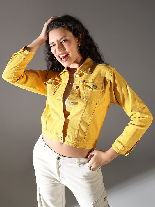 Women's Yellow Solid Crop Denim Jacket