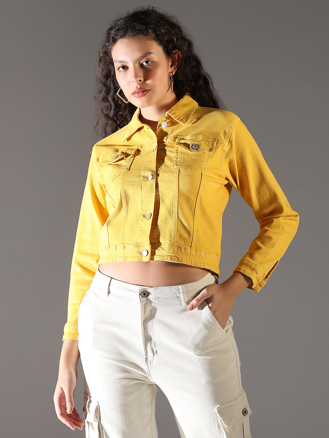 Women's Yellow Solid Crop Denim Jacket