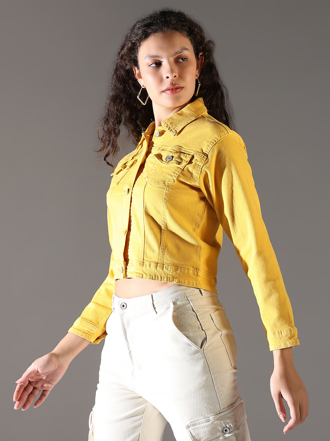 Women's Yellow Solid Crop Denim Jacket