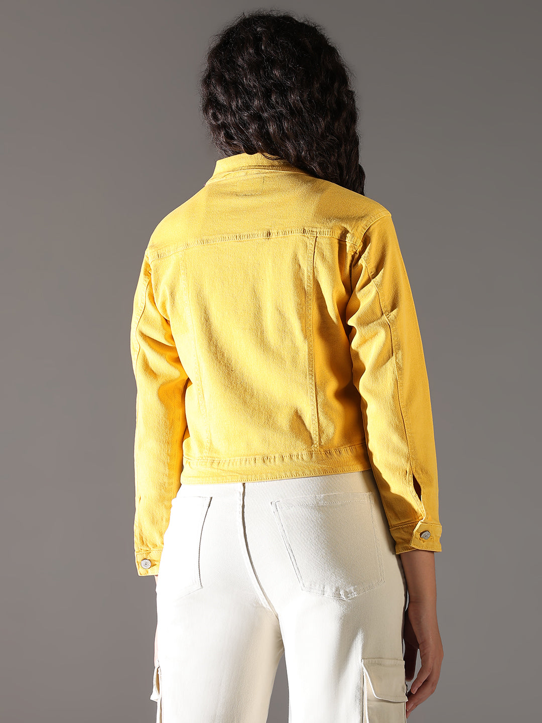 Women's Yellow Solid Crop Denim Jacket