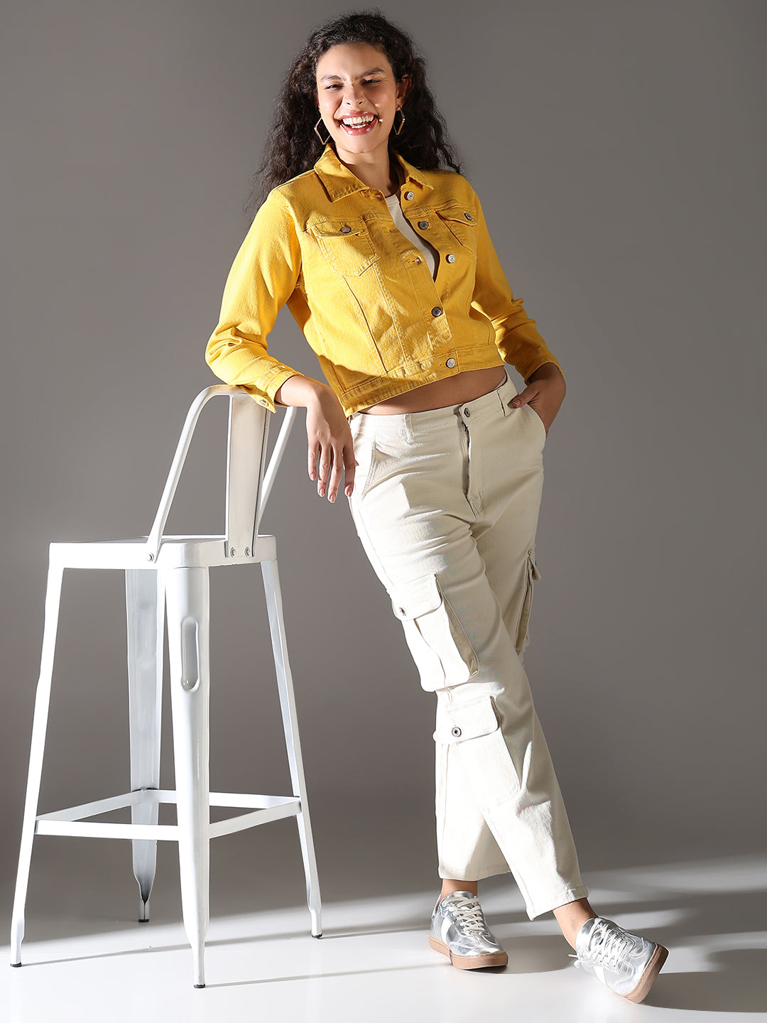 Women's Yellow Solid Crop Denim Jacket