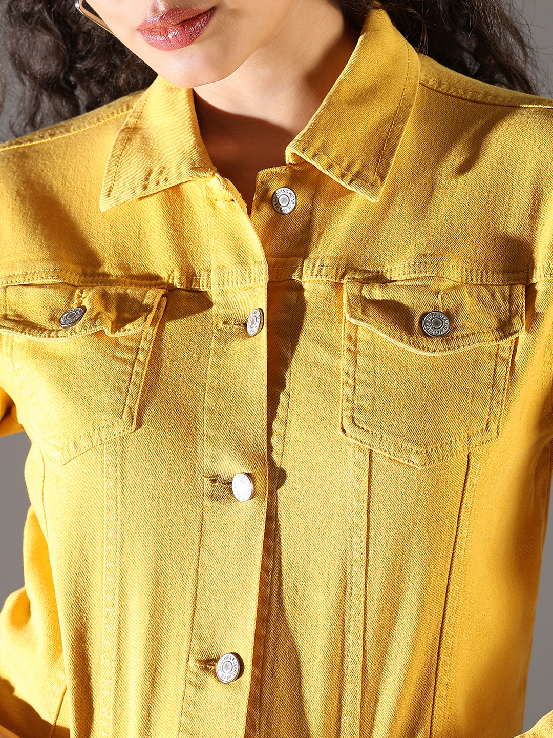 Women's Yellow Solid Crop Denim Jacket