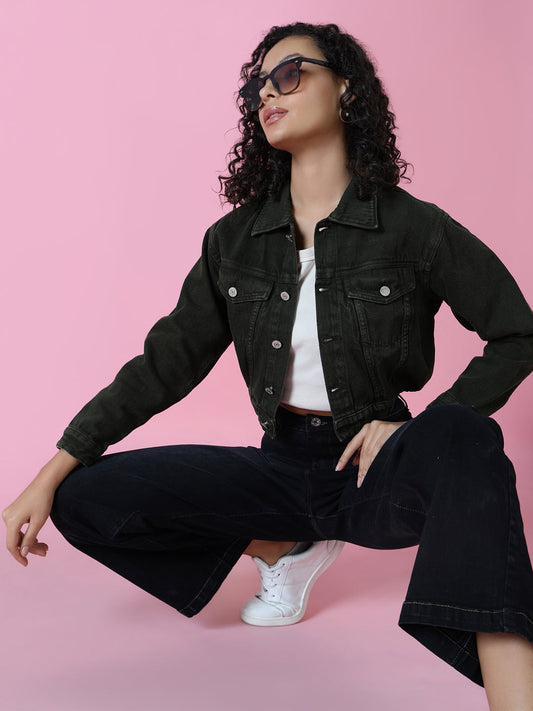 Women's Olive Spread Collar Long Sleeve Crop Denim Jacket