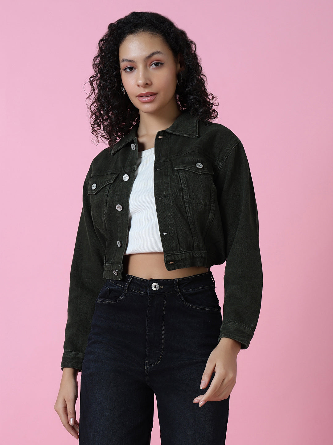 Women's Olive Spread Collar Long Sleeve Crop Denim Jacket