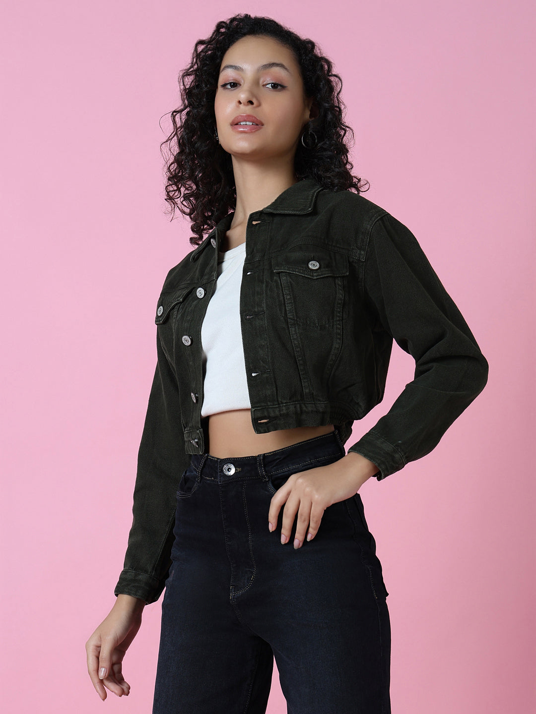 Women's Olive Spread Collar Long Sleeve Crop Denim Jacket