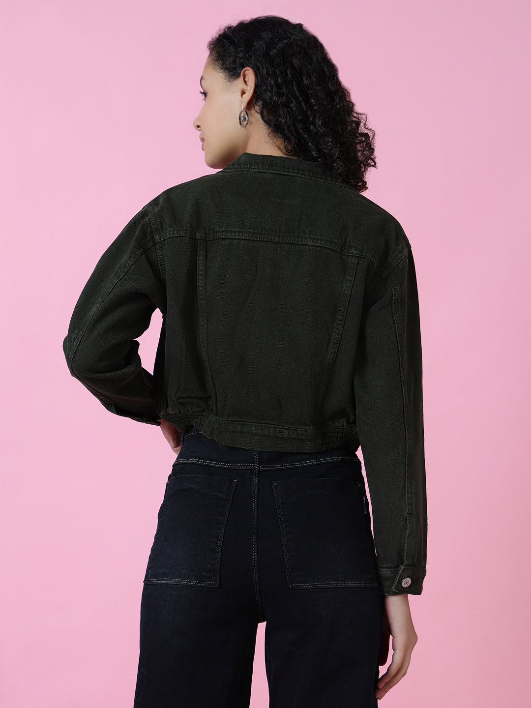 Women's Olive Spread Collar Long Sleeve Crop Denim Jacket