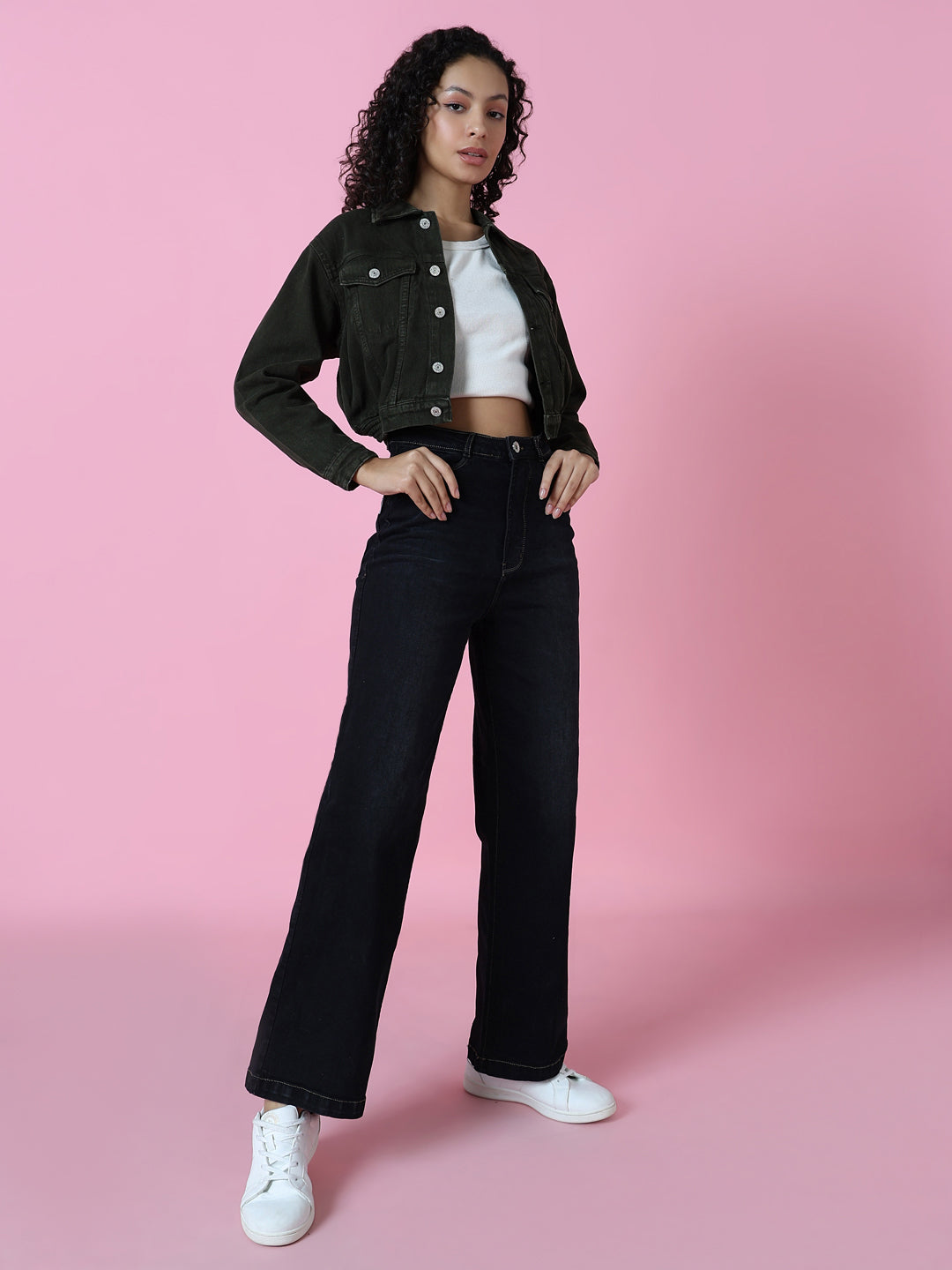 Women's Olive Spread Collar Long Sleeve Crop Denim Jacket