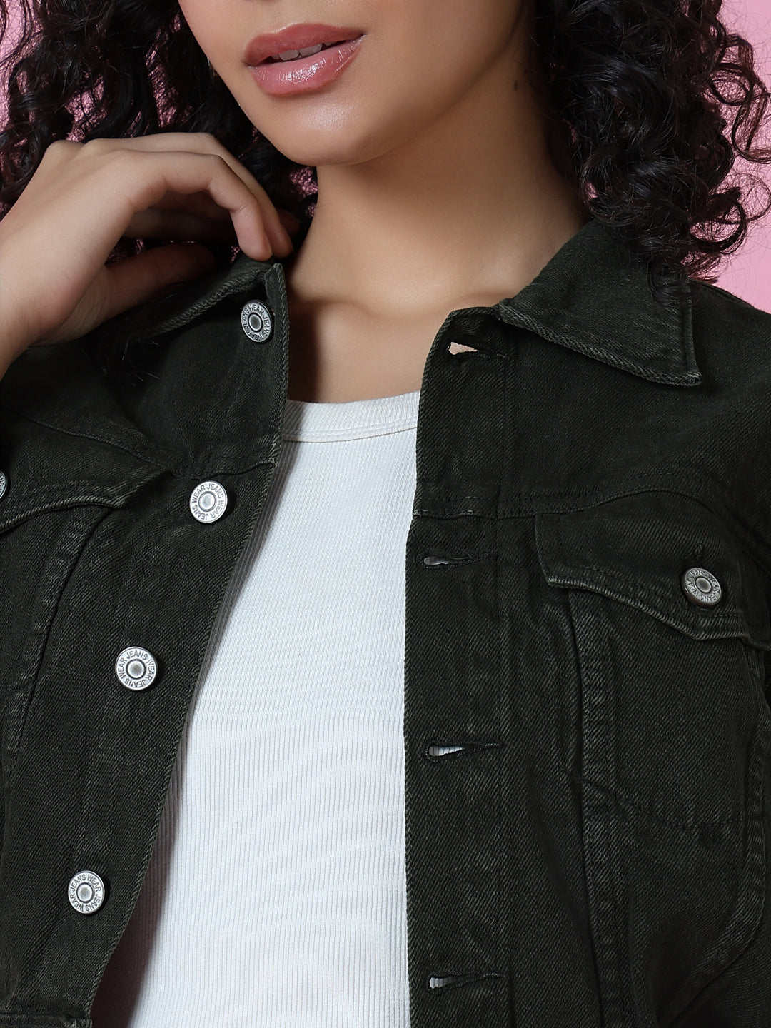 Women's Olive Spread Collar Long Sleeve Crop Denim Jacket